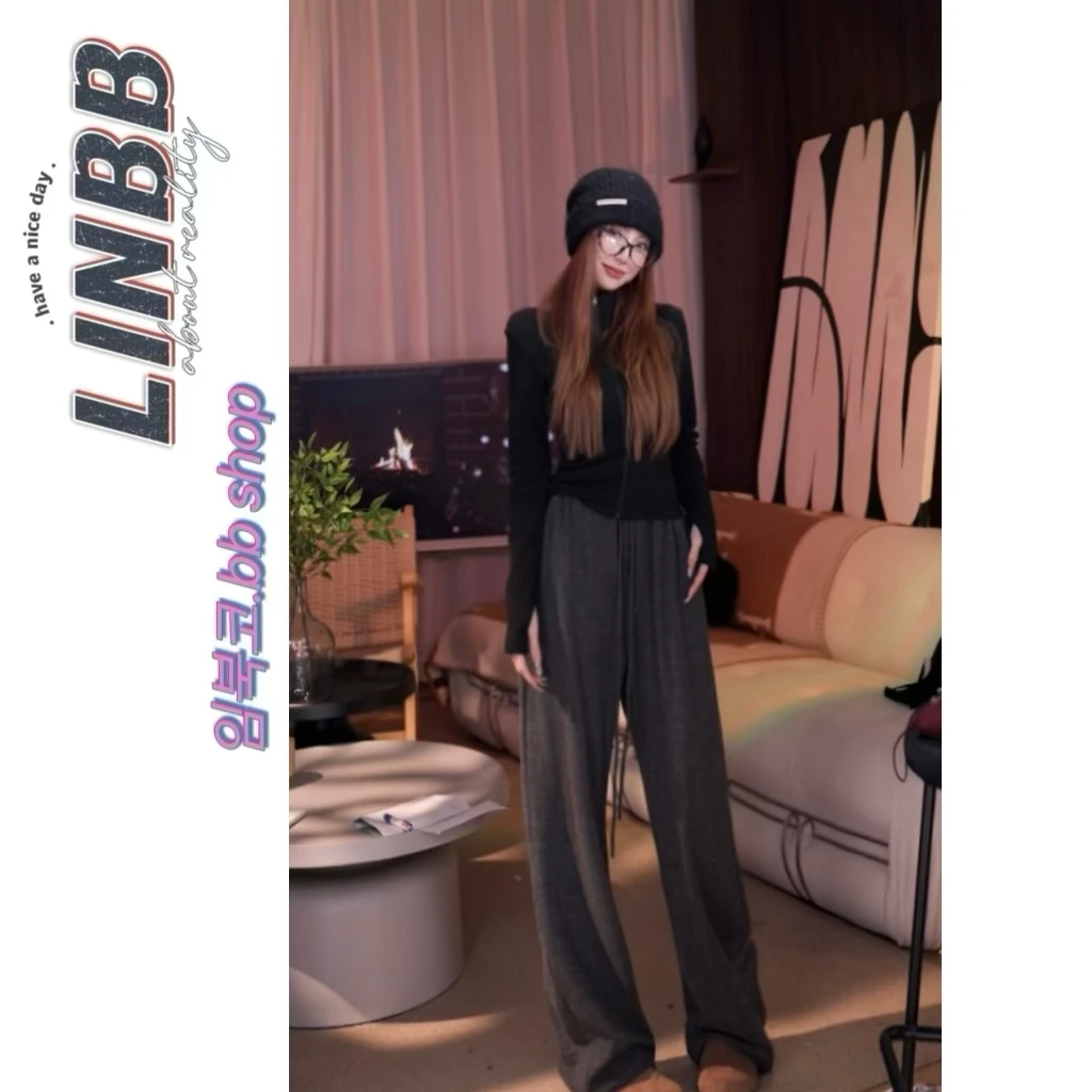 林北鼻-【素描裤】慵懒高级韩系素描线条加绒大牌阔腿裤