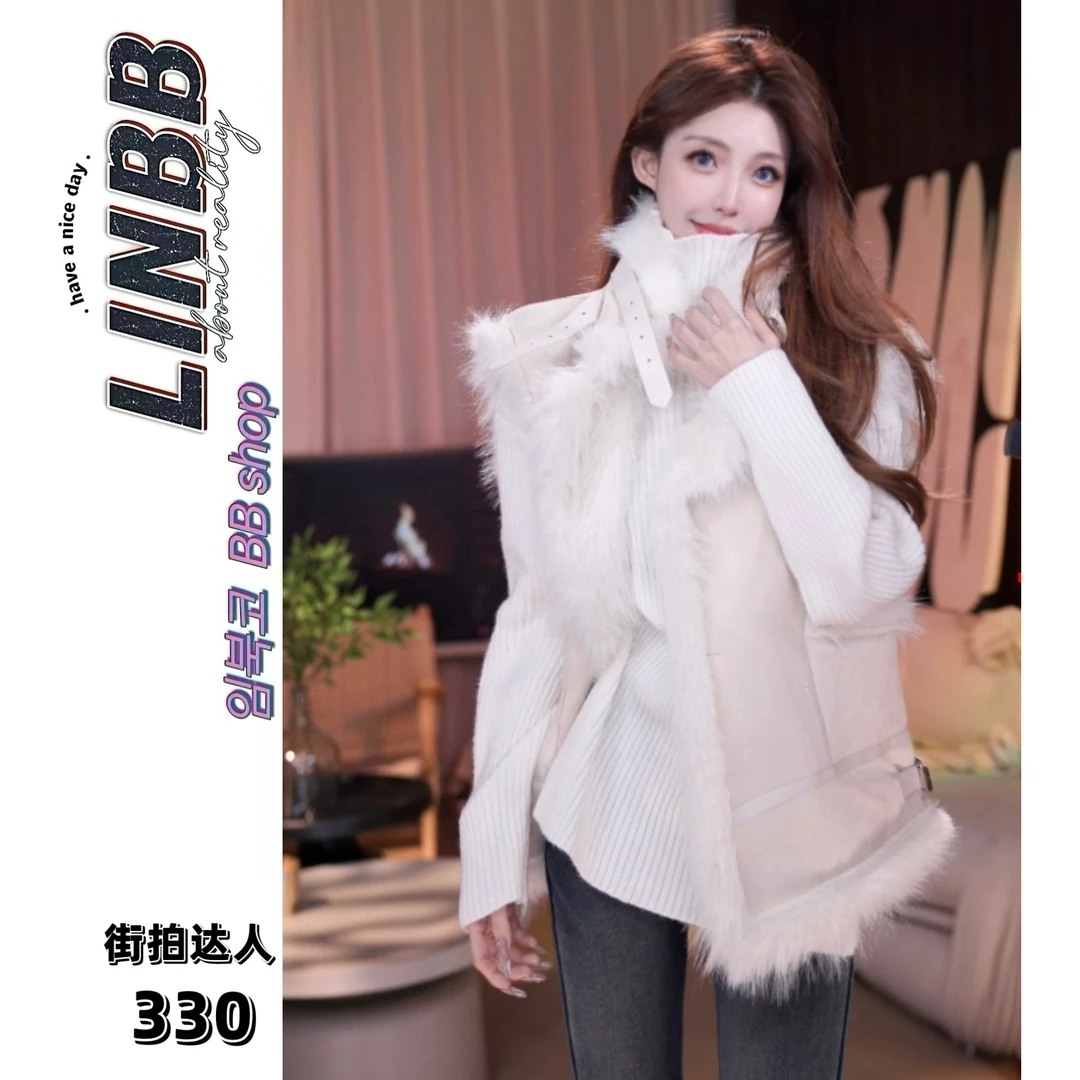 林北鼻-【街拍达人】韩单皮毛一体毛毛显瘦街头风马甲