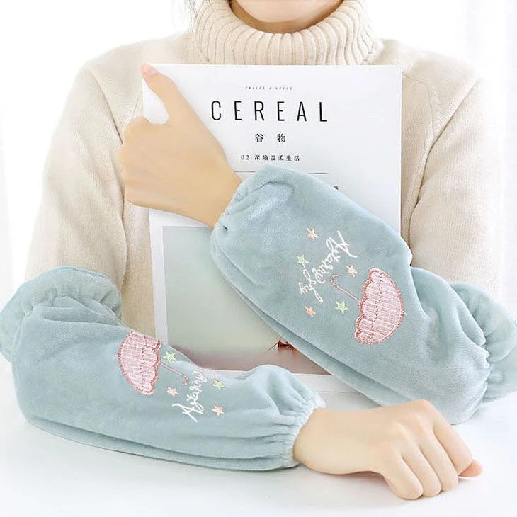 套袖冬季绒布长款袖套刺绣男女韩版学生防污护袖羽绒服袖筒保暖