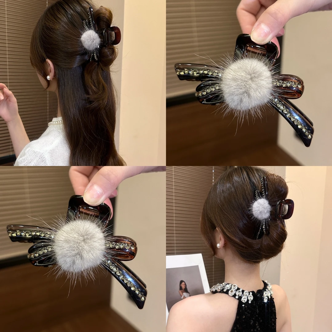 秋冬气质水钻蝴蝶结水貂毛球抓夹鲨鱼夹高级感百搭发卡优雅轻奢女