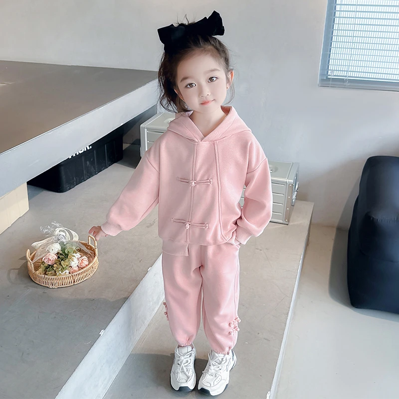 女童春秋季盘扣连帽套装2024新款网红国风卫衣女孩运动休闲两件套