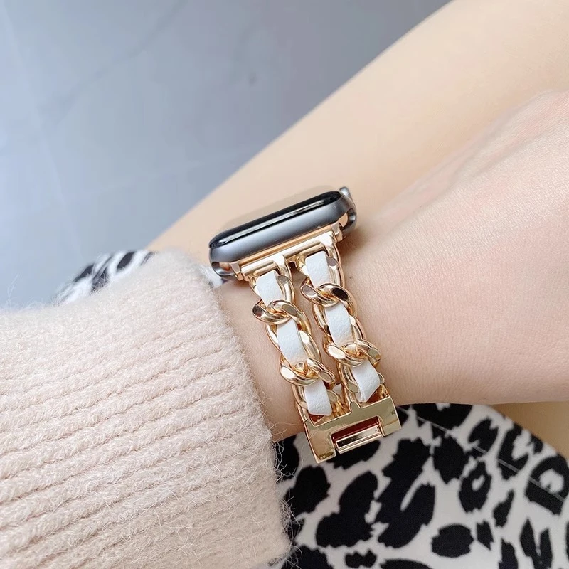 适用iwatchs8表带苹果s9表带s7/6/5/4/3/21/金属se小香风女款手链