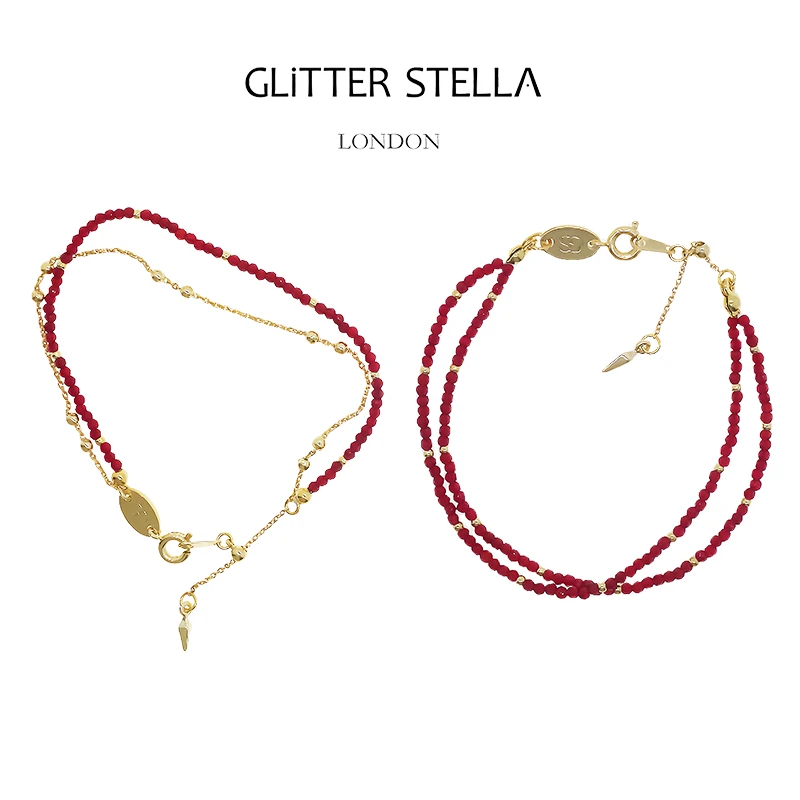 GLITTERSTELLA 铜合金手链 禧缘 新中式石榴红幸运石转运串珠手链