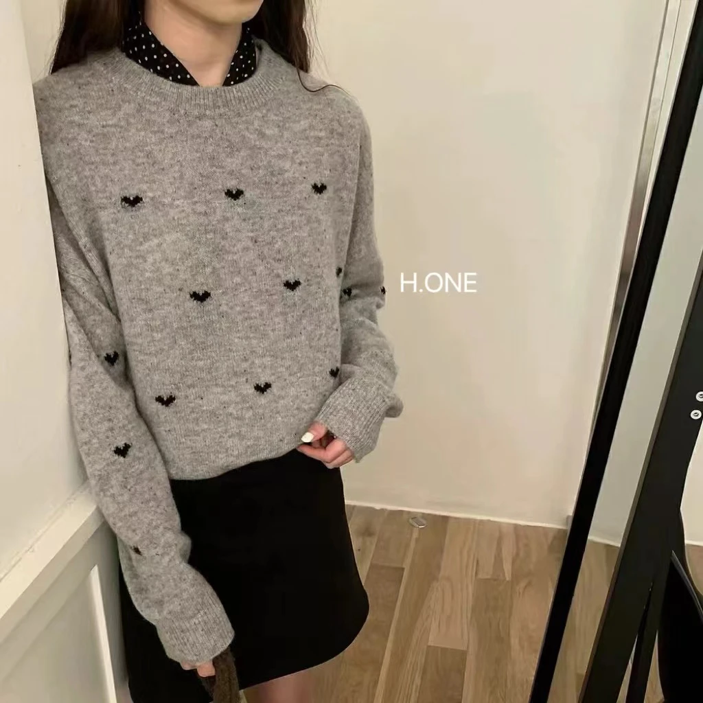 KH2189#韩国爱心刺绣宽松减龄甜美针织衫毛衣