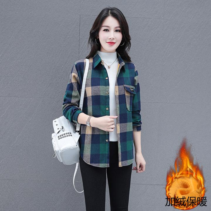 秋冬季加绒加厚格子衬衫女长袖纯棉新款宽松休闲上衣中年妈妈衬衣
