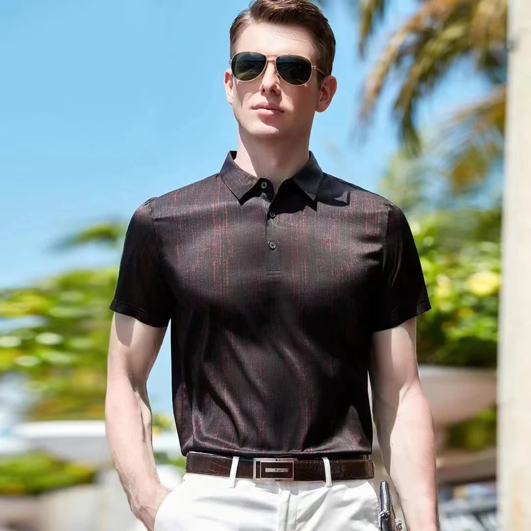 梦江南丝绸 男士桑蚕丝真丝商务休闲高端短袖Polo衫T恤 麻红 7266