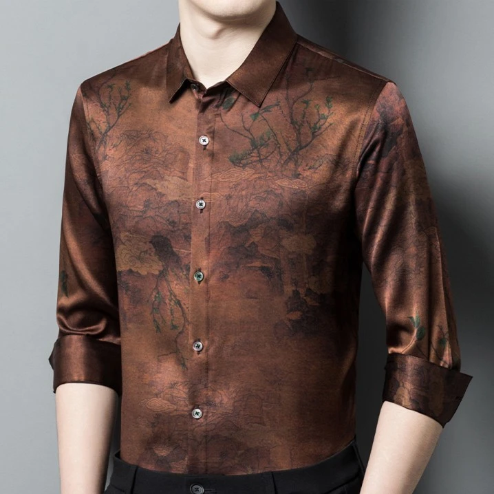 梦江南丝绸 高档香云纱蚕丝男士高端商务休闲长袖衬衫烟云枝 9909