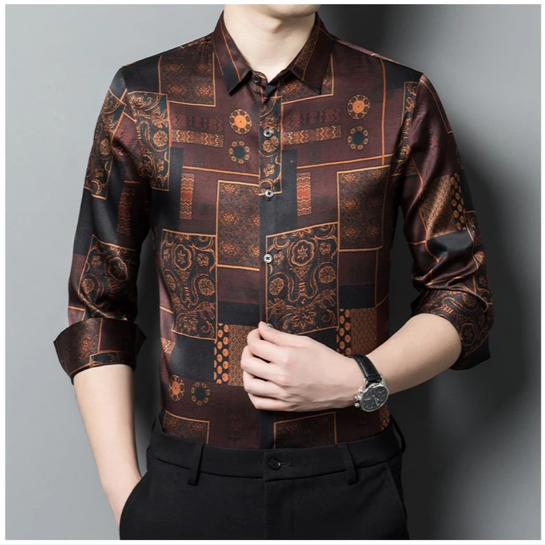 梦江南香云纱重磅桑蚕丝衬衫男商务休闲长袖衬衫 龙鳞红 9908