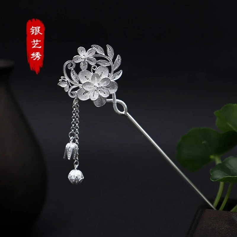 足银银制品 送证书手工纯银复古风梅花步摇发簪简约百搭盘发簪子