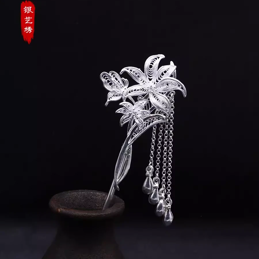 足银银制品 百合花步摇发簪纯银古风汉服发钗盘发簪子旗袍头饰