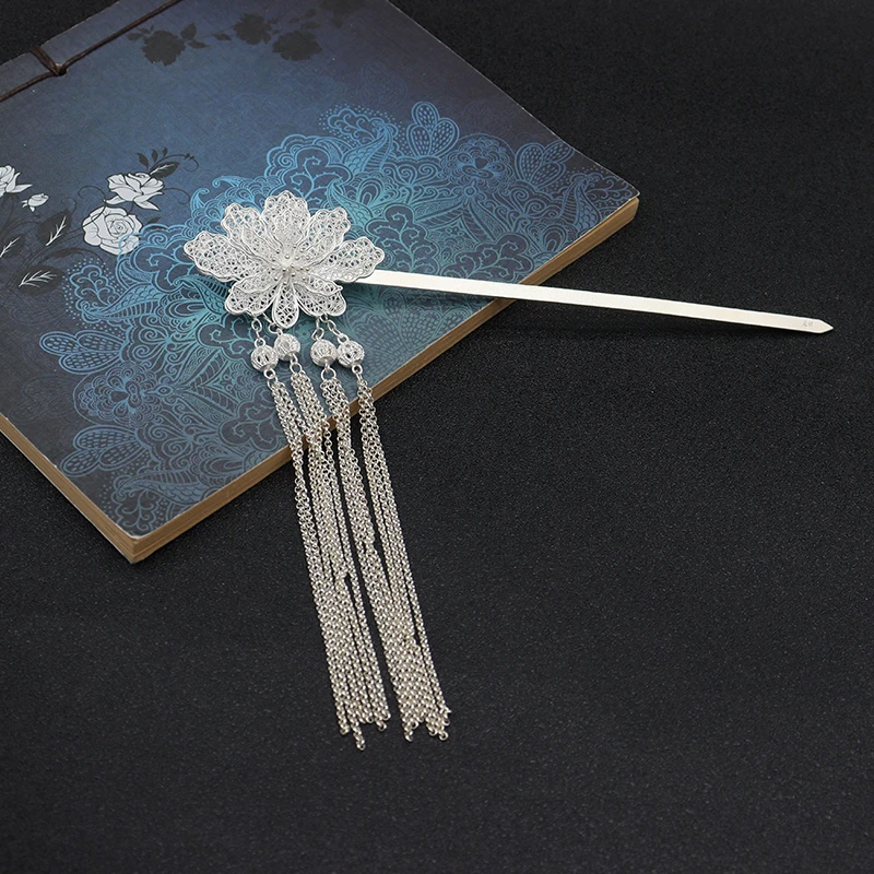 足银银制品 999纯银牡丹花流苏发簪古风旗袍发钗足银汉服步摇簪子