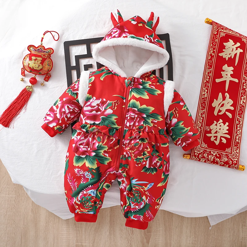 婴幼儿东北大花连体冬季拜年服新生儿宝宝中国风周岁百天抓周礼服