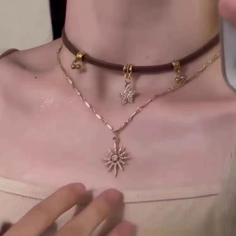 合金皮质项链 choker美拉德风小众百搭美式辣妹棕色皮革项链轻奢