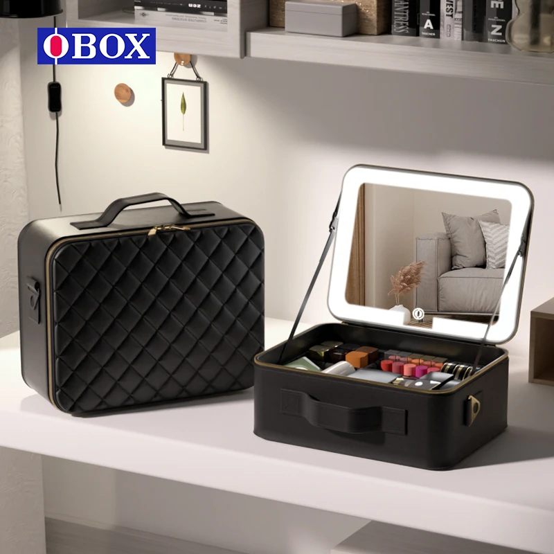 OBOX欧博斯化妆包带镜带灯网红风大容量便携出行化妆品收纳包