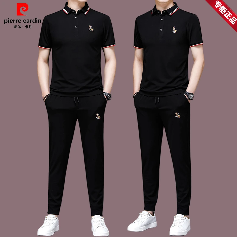 【皮尔卡丹官方正品】桑蚕丝休闲套装男夏季时尚百搭透气短袖polo衫