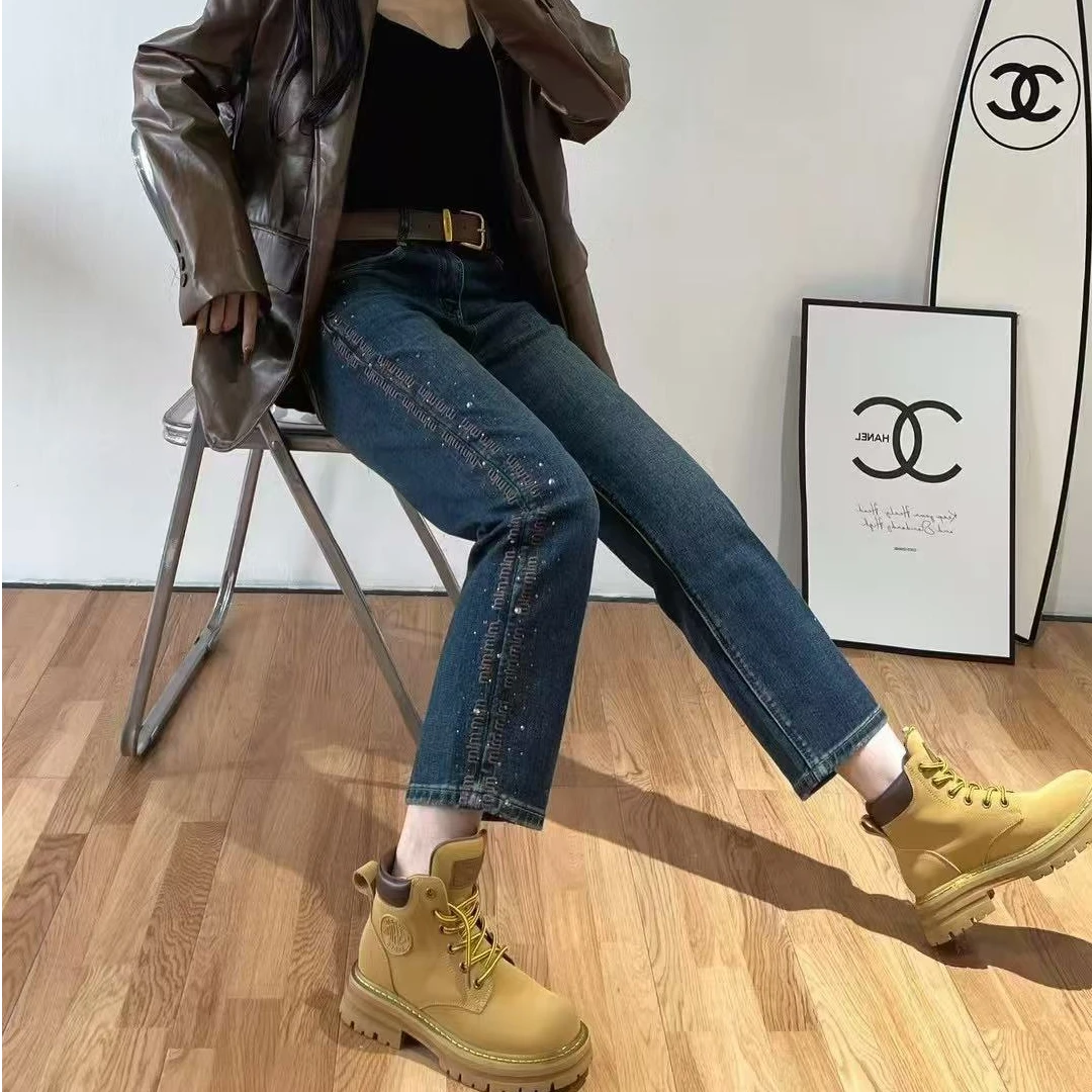 秋季新品九分烟管直通裤刺绣镶钻牛仔裤中腰修身显瘦高弹力8828