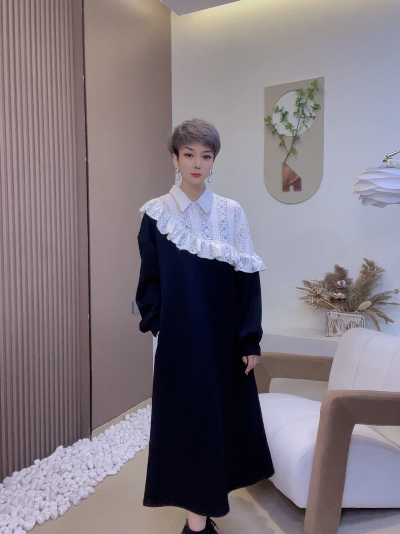 ZZ1656秋冬法式超好看小香风大衣内搭休闲黑色拼接蕾丝女装连衣裙