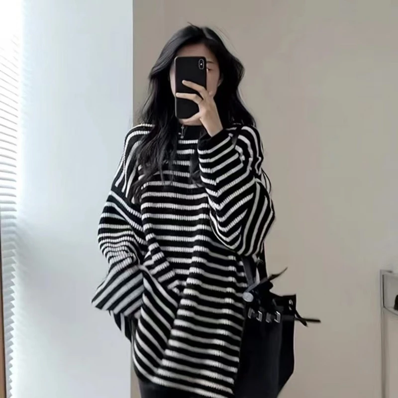 新款韩版百搭慵懒风软糯中长款黑白条纹毛衣鲨鱼裤显瘦套装时尚