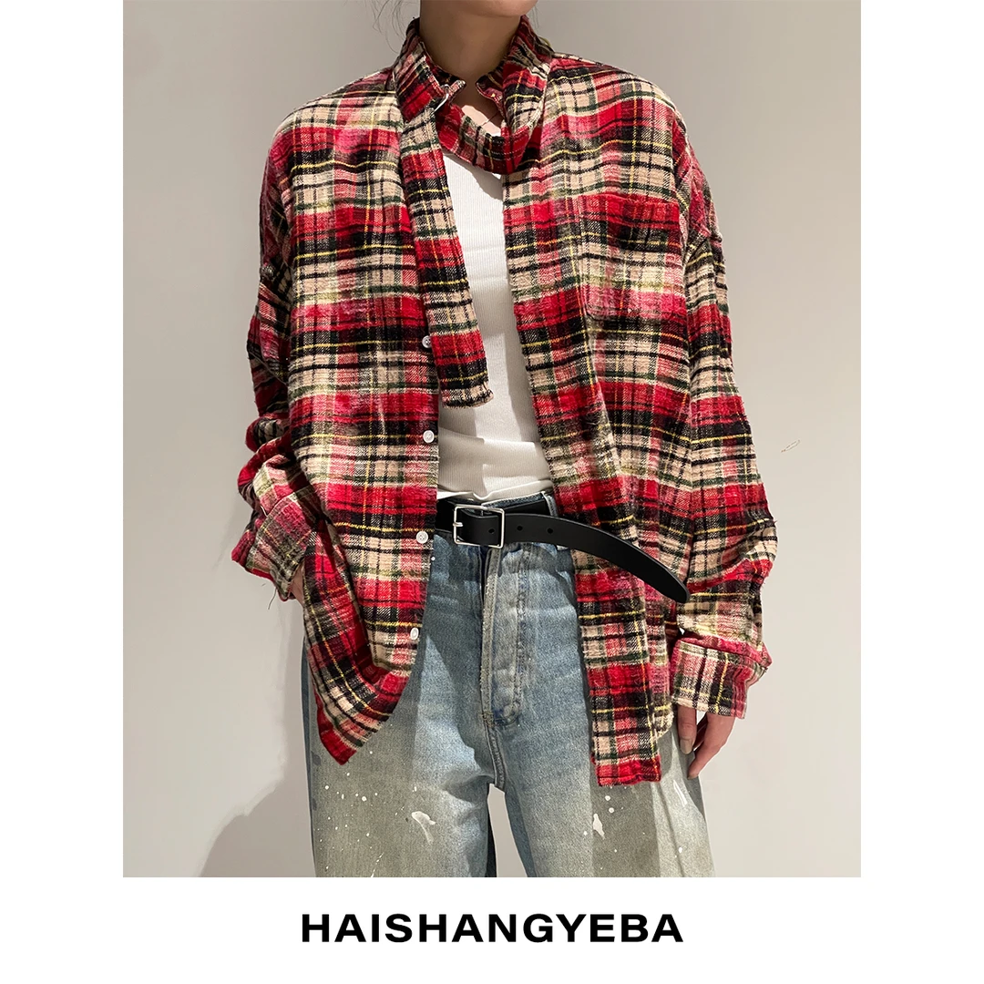 【海上叶爸】新款2024春夏百搭棉磨毛色织格子宽松男女同款长袖衬衫