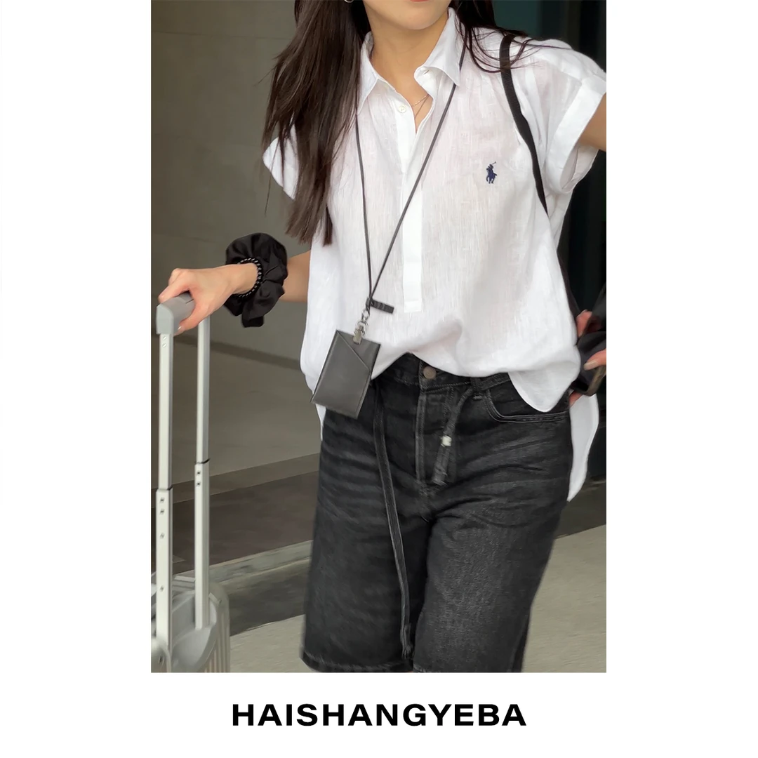 【海上叶爸】新款2024春夏百搭亚麻宽松显瘦薄款小飞袖刺绣短款衬衫