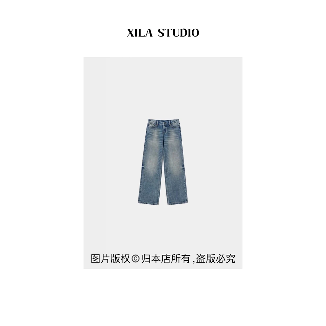 【XILA】怀旧复古深蓝色低腰时髦牛仔裤