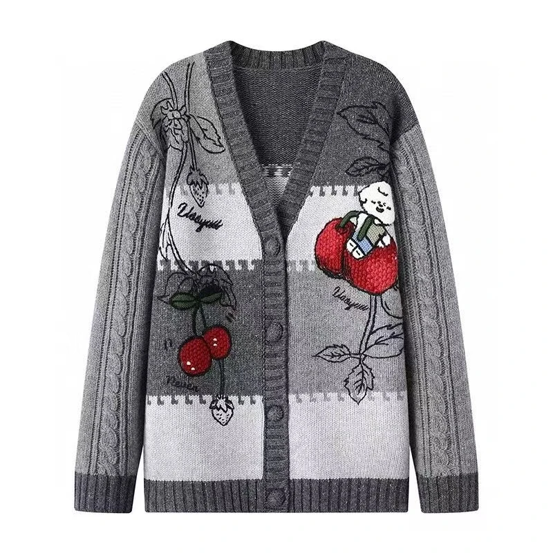 【樱桃草莓】2024冬季新款复古针织毛衣条纹长袖V领灰色开衫A009