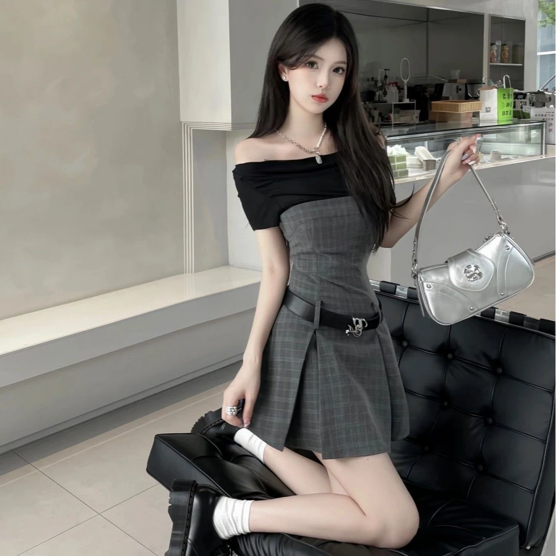 气质服装一字肩格子套装假两件套高腰百褶连衣裙洋气女装时尚百搭