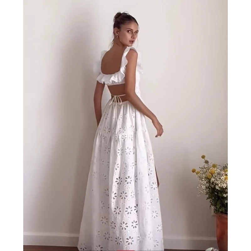 YoungerLady【尤莱特】越南小众设计法式度假风U领露背刺绣长裙礼服