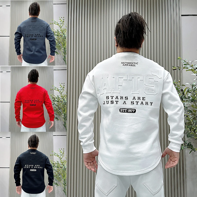 圆领长袖T恤衫男秋季新款韩版潮流宽松百搭休闲字母印花情侣上衣