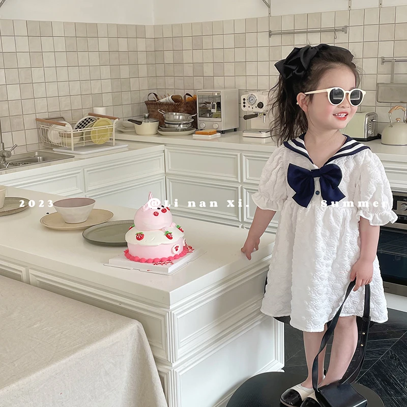 女宝洋气海军领连衣裙女童夏季泡泡袖公主裙女孩韩版学院风短袖裙