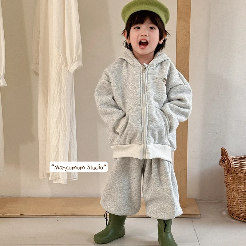 儿童加绒套装2025冬季新品宝宝休闲两件套男女童韩版加厚运动服潮