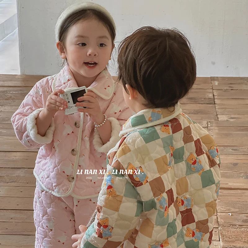 儿童加厚保暖棉服套装女童绗绣印花夹棉两件套小童冬季加绒棉衣裤