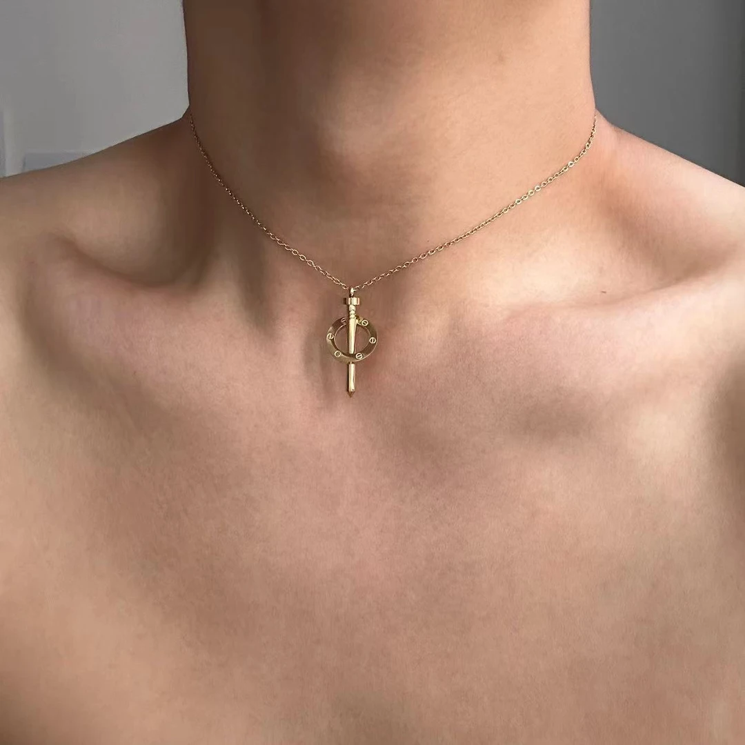 钛钢项链 金色罗马环钉设计感项链男不掉色不褪色小众高级感项链