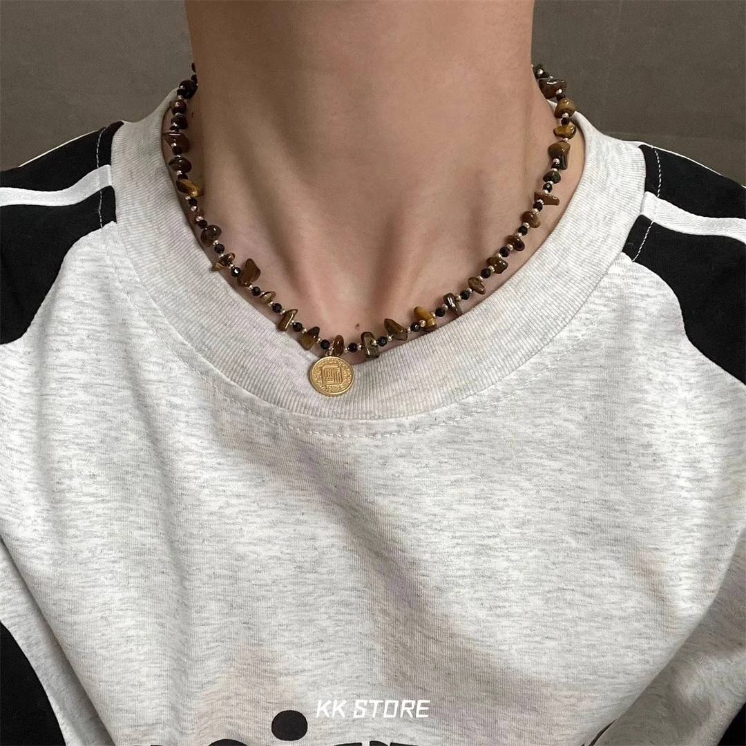 合金项链 短款虎眼石串珠拼接颈链个性男嘻哈锁骨链小众设计项链