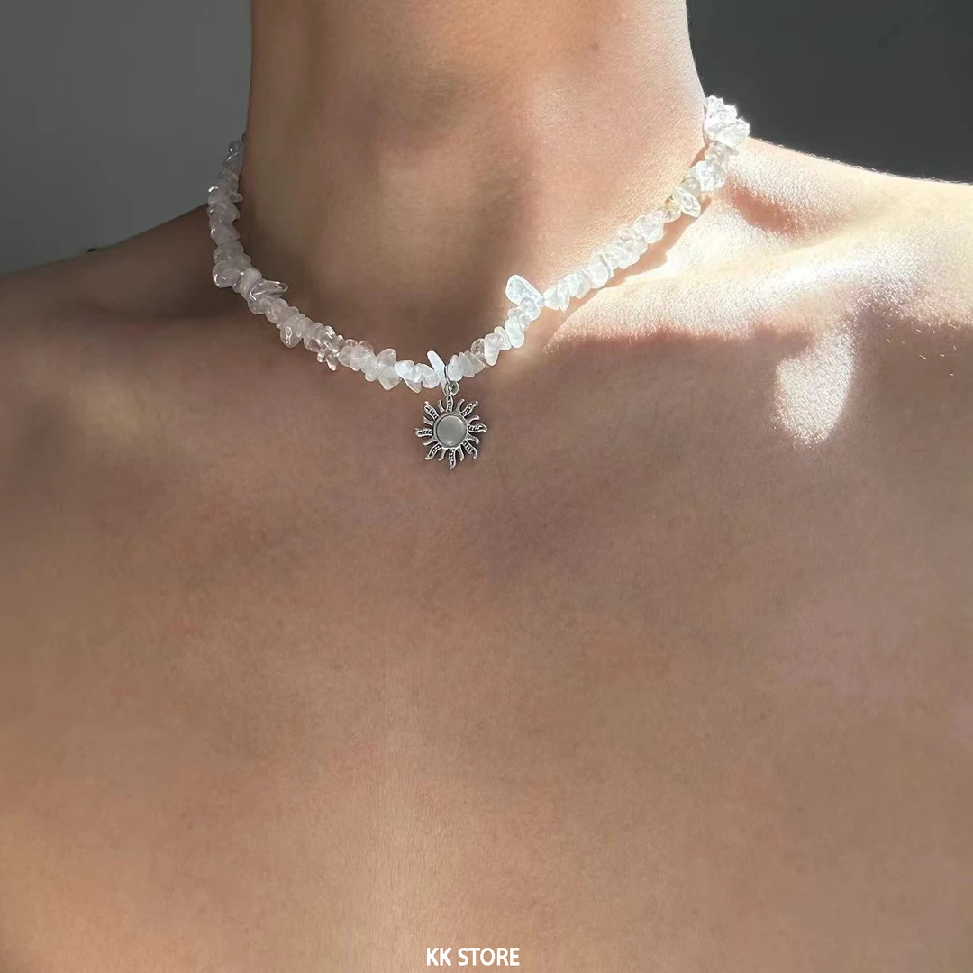 非金属仿水晶项链 不规则碎石太阳花项链男生小众设计百搭锁骨链