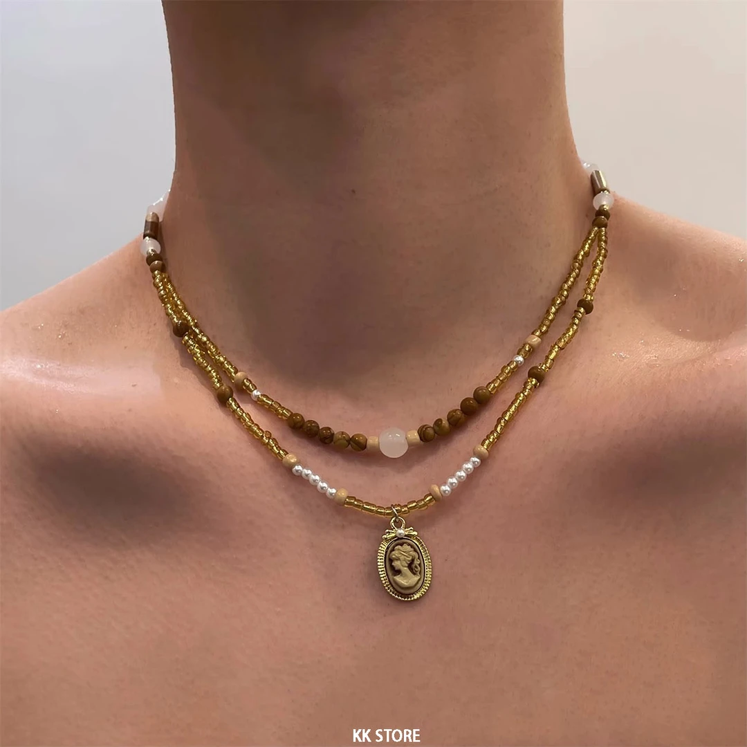 钛钢项链 双层串珠人像男款项链小众设计感女锁骨链冷淡风毛衣链