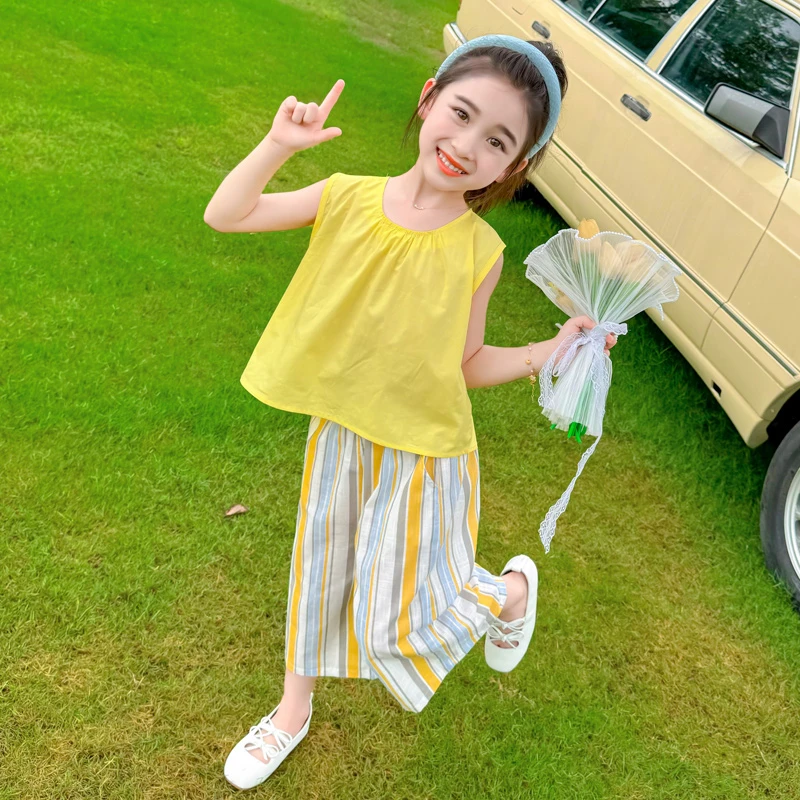 女童阔腿裤套装夏款韩版小女孩薄款两件套女宝宝背心上衣裤子八岁