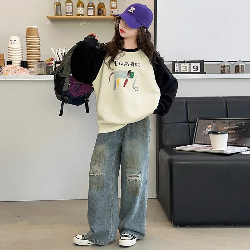 女童卫衣牛仔裤套装春秋新款儿童休闲两件套女孩百搭直筒裤6-12岁