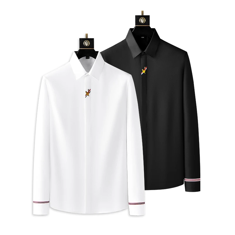 蜂鸟绣花商务长袖衬衣潮流时尚轻奢休闲百搭韩版修身男士高端衬衫