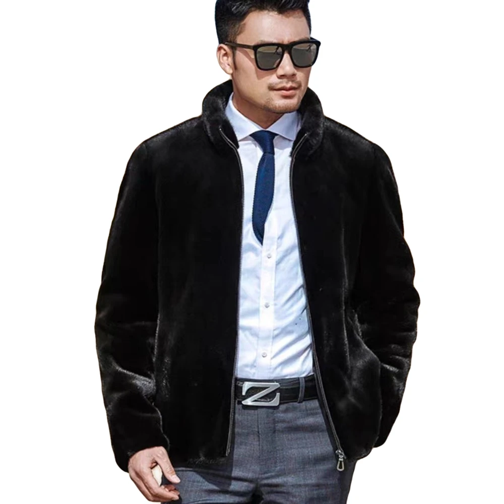 2022年男款拉链立领夹克黑色母皮