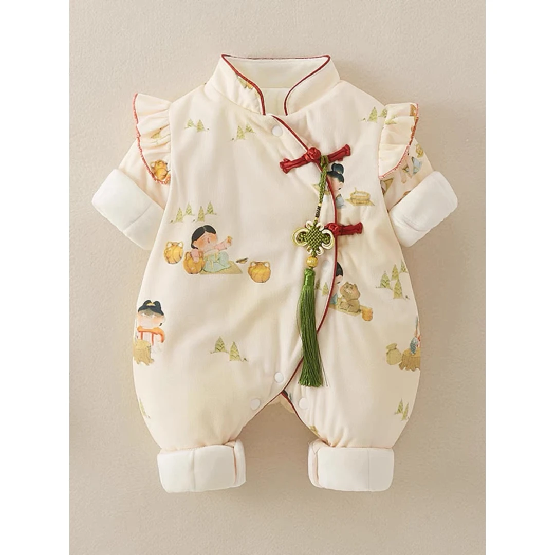中式款婴幼儿唐装中国风汉服男女宝冬季薄棉爬爬服洋气哈衣外出服