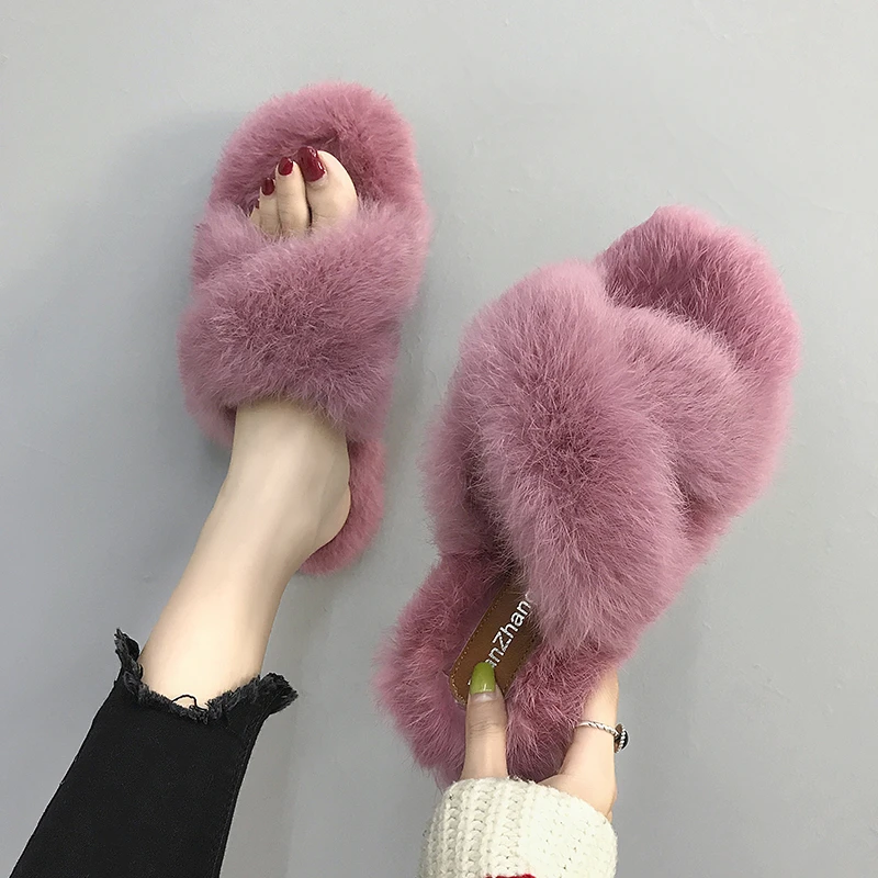 厚底毛毛鞋女网红秋冬外穿露趾可爱毛绒居家韩版一字棉毛毛鞋子女