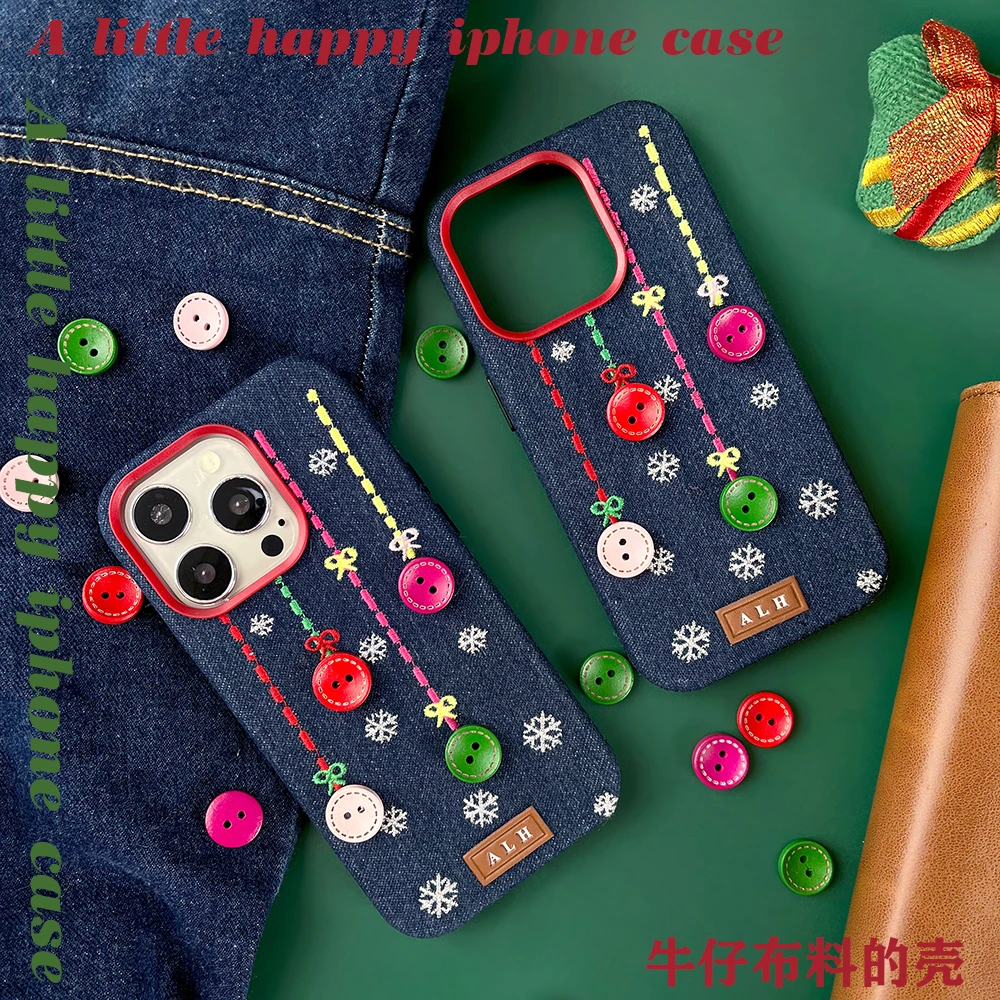一点欢原创牛仔扣iphone15promax手机壳手工木扣简约适用苹果壳