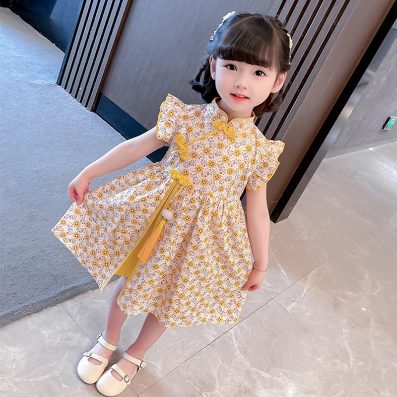 女童连衣裙夏季2024新款儿童汉服网红旗袍夏装中国风公主裙碎花