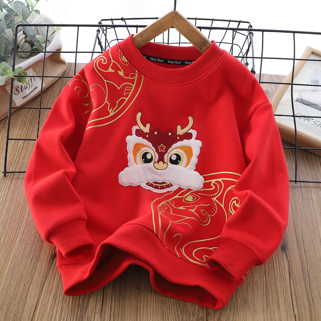 2024年醒狮刺绣儿童卫衣新年红色加绒中大童中国风拜年服长袖秋冬