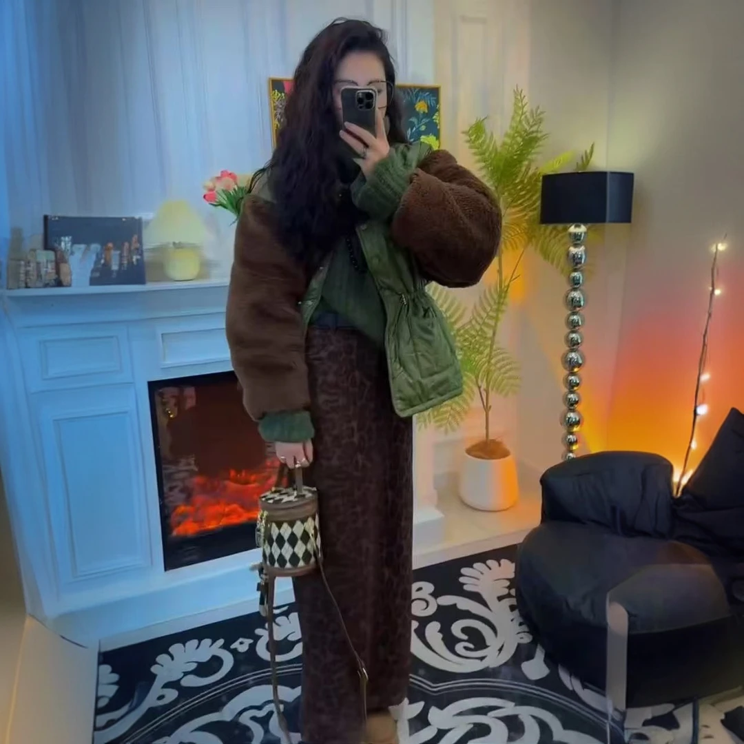 大萍子家 气质网红时尚休闲百搭绿色高品质拼接棉服外套2985