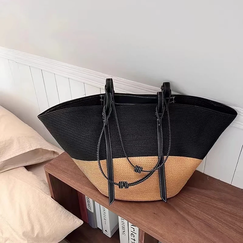 法式复古大容量撞色草编包 新款小众托特编织包女海边度假沙滩包