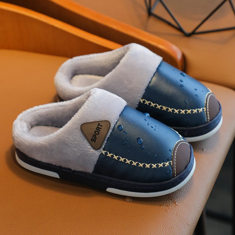 儿童棉拖鞋亲子男女宝宝加厚pu防水亲子室内居家保暖软底防滑皮面