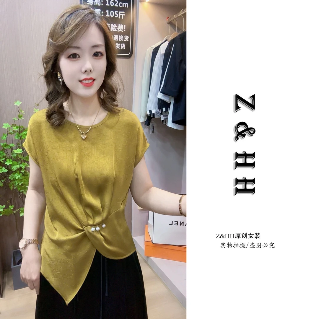 [991款]设计感高级气质收腰褶皱短袖T恤女夏季新款时髦显瘦小衫