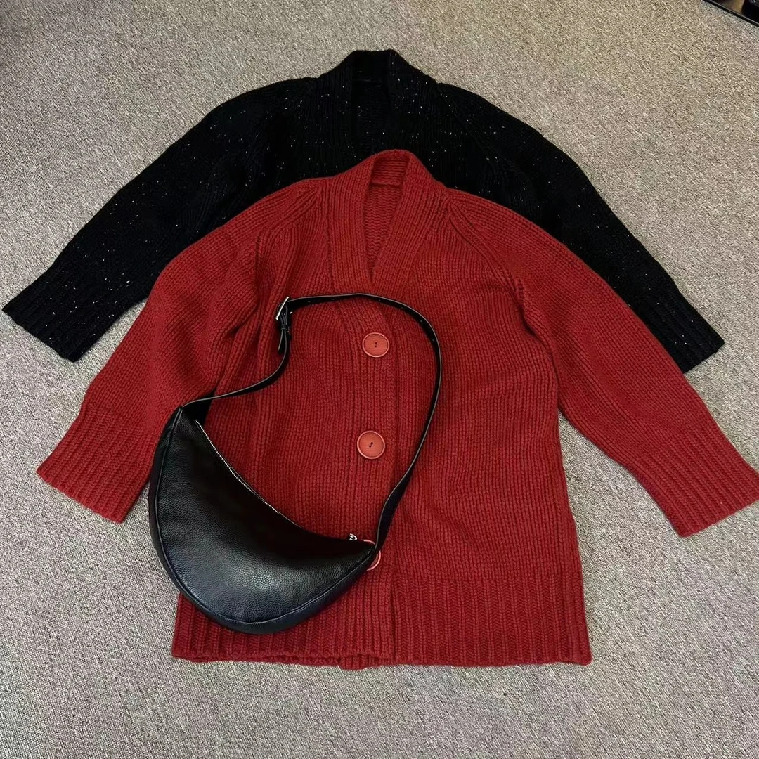 V领毛衣外套女秋冬季宽松慵懒风中长款针织开衫外搭上衣